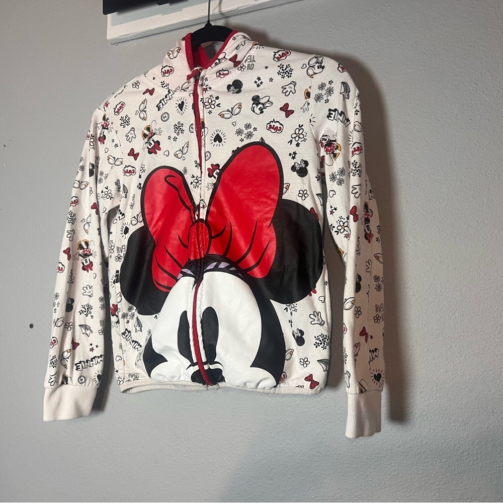 Disney Store Girls Minnie Full Zip Sweatshirt Hooded Size 9/10 White Flaws
